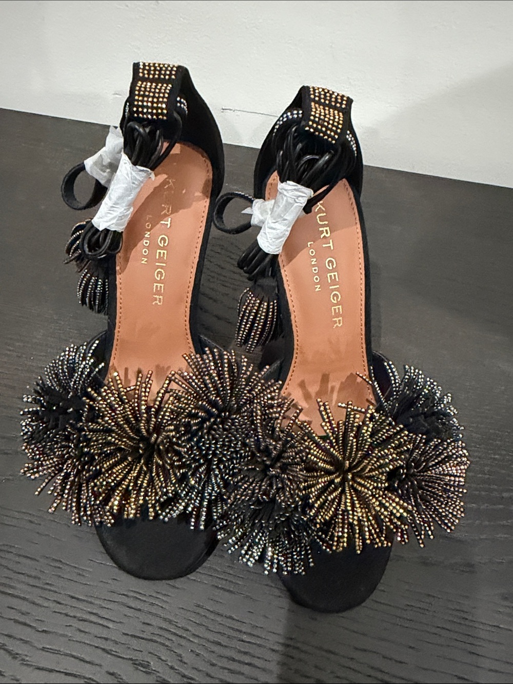 Kurt Geiger Black Heels with Gold-Beaded Pom-Poms